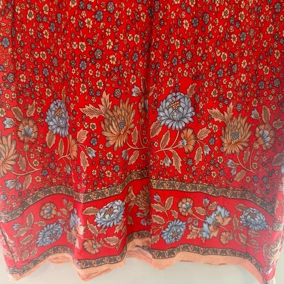 Vintage 70s Red Floral Midi Dress with Lace Trim S/M - Picture 2 of 5